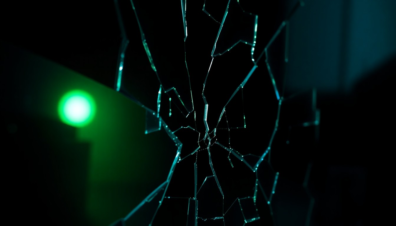 An extreme close-up of shattered glass or a cracked mirror reflecting a faint green light, conceptually illustrating the conflict between an actress and a major media corporation over the fate of a beloved superhero character.