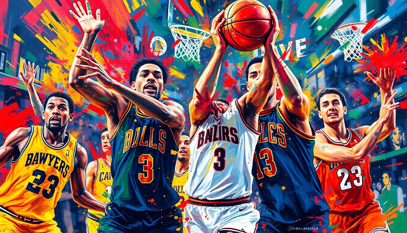 An abstract, expressionist painting in neon colors capturing the dynamic movement and energy of a basketball game, with players' forms dissolving into vibrant brushstrokes.