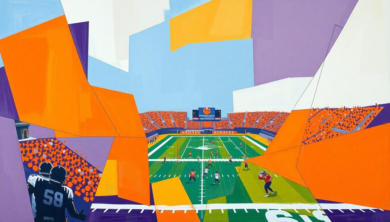 A vibrant, cubist-style painting featuring overlapping geometric shapes and planes in Clemson's official colors of orange and purple, conceptually representing the energy and intensity of a Clemson football practice or game.