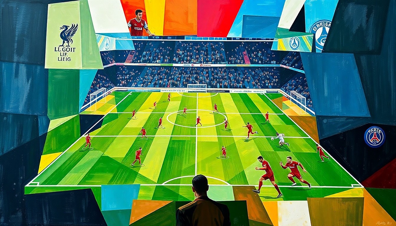 A fragmented, geometric painting depicting a Champions League match between Liverpool and PSG, with the players and field broken down into abstract shapes and angles, conveying the tactical complexity of the encounter.