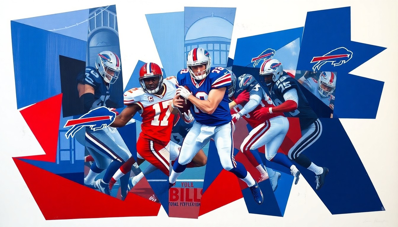 A cubist, geometric painting depicting a football quarterback in motion, with the player's body and the ball broken down into sharp, overlapping planes of navy blue, red, and white.