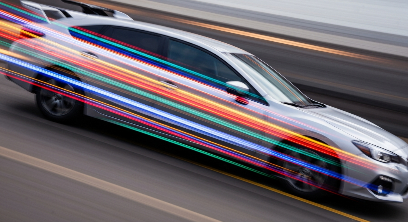 An abstract, impressionistic image of a Subaru Uncharted vehicle in motion, with vibrant streaks of color and a sense of dynamic energy conveyed through the use of a slow shutter speed and panning camera technique.