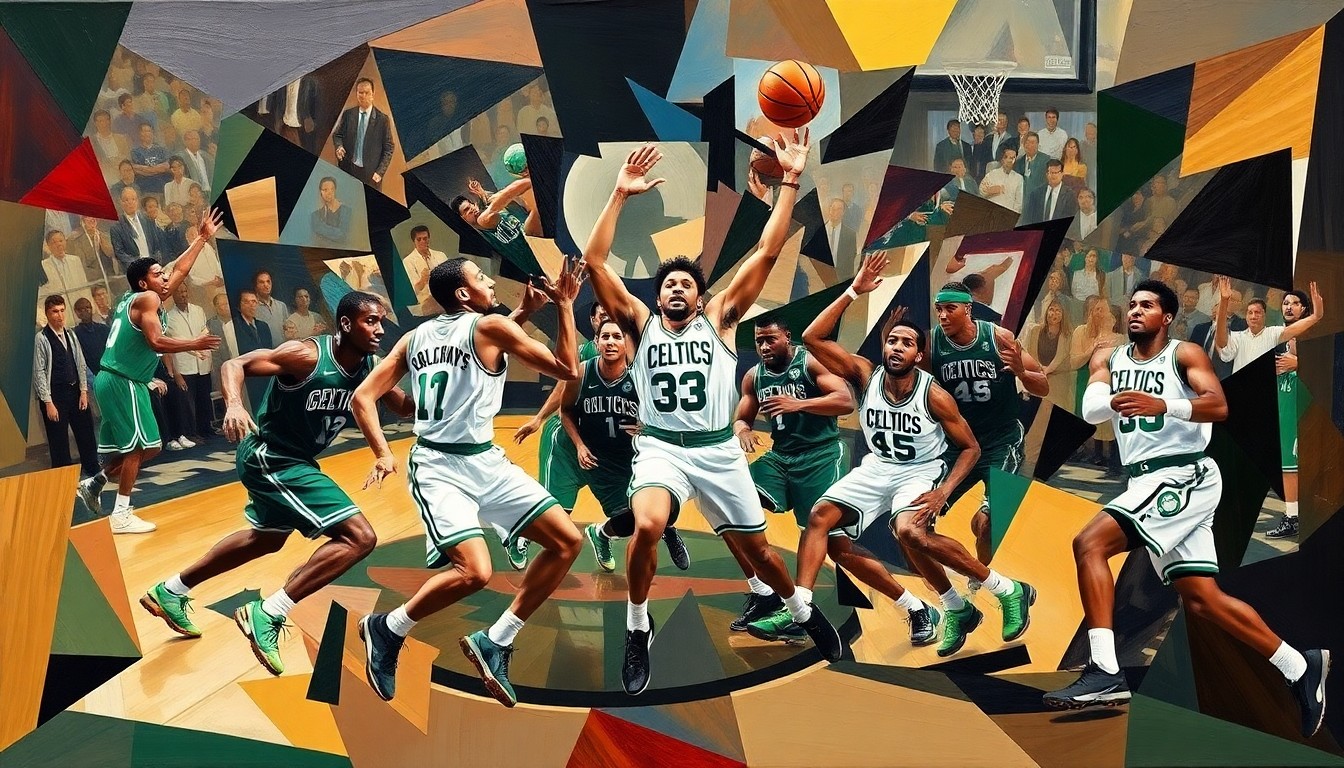 A cubist, geometric painting depicting the dynamic movement and energy of a Celtics basketball game, with the players' forms deconstructed and abstracted into sharp, overlapping planes of color and shape.