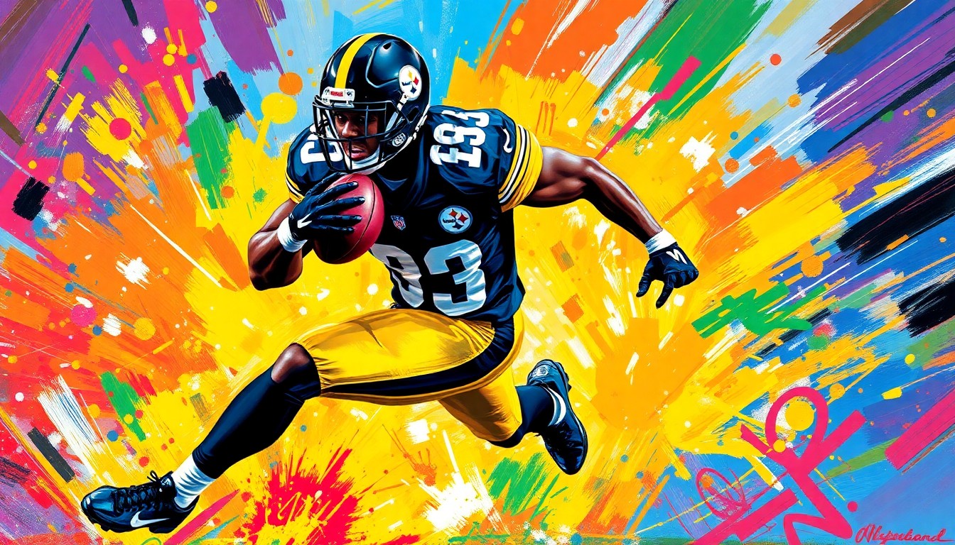 An abstract, energetic painting in neon colors depicting a football player bursting through the line of scrimmage, capturing the raw power and momentum of a scoring play.