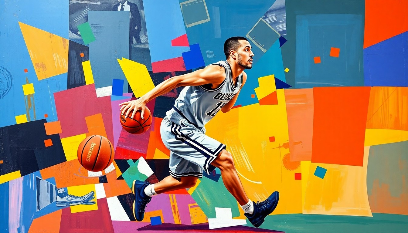 A fragmented, cubist-style illustration depicting a college basketball player in motion, with sharp geometric shapes and planes in the team's official colors, conceptually representing the strategic adaptability required in the modern transfer landscape.