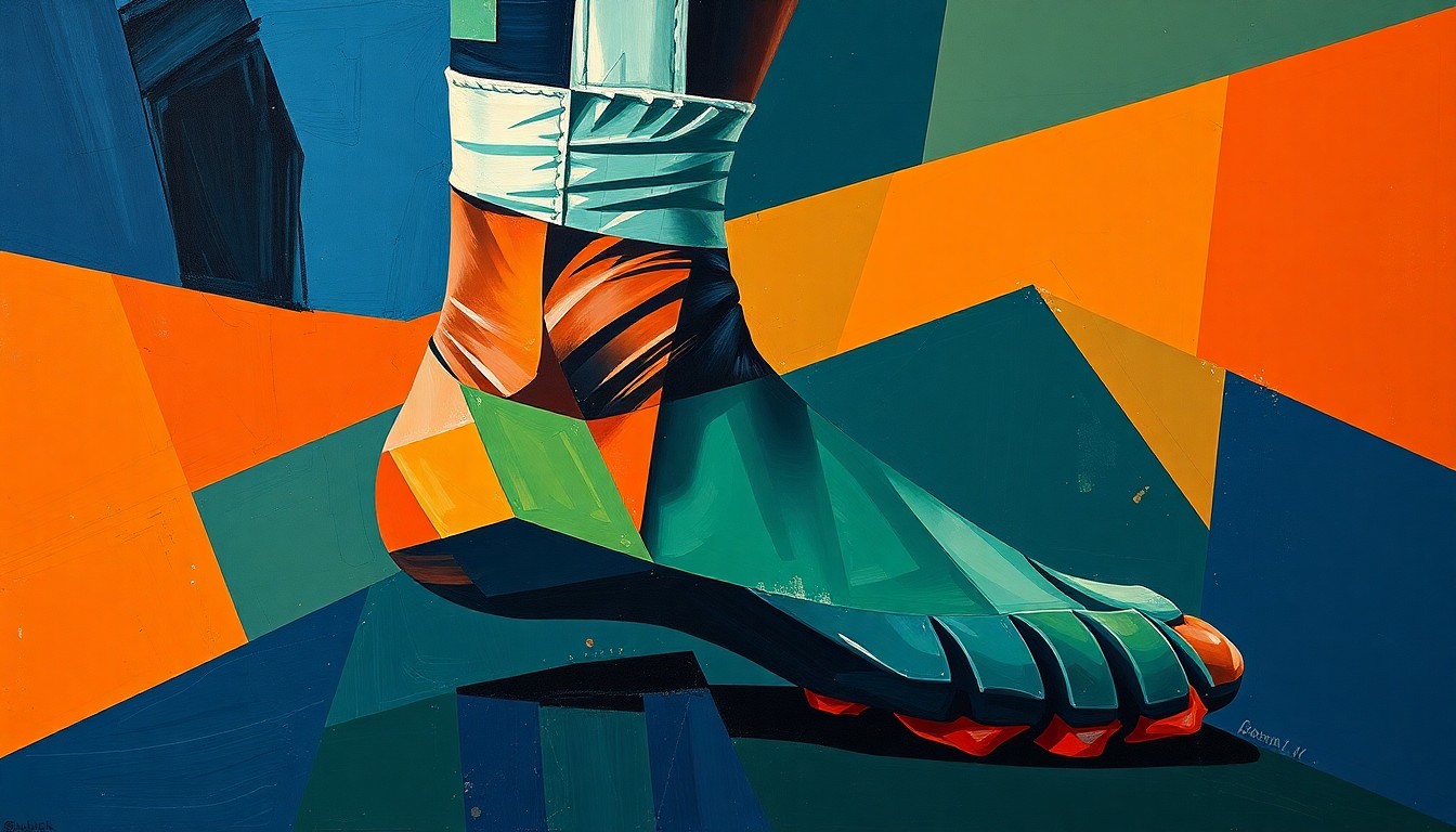 A cubist, geometric painting depicting a fractured, multi-angled view of a football player's injured ankle, conveying the dramatic impact of the injury on the team's championship aspirations.