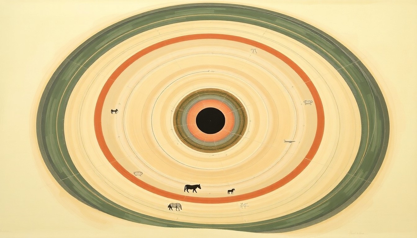 A highly structured abstract painting in soft, earthy tones, featuring sweeping geometric arcs, concentric circles, and precise botanical spirals, conceptually representing the complex ecosystem and competing interests surrounding the wild burros of Lake Pleasant.