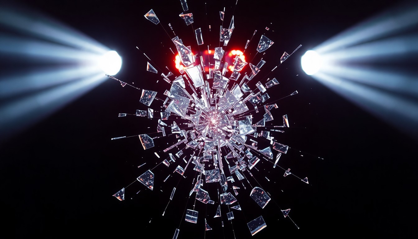 An extreme close-up of shattered, glittering disco glass reflecting dramatic shadows and highlights, conceptually representing the fragility of celebrity reputation and the harsh realities of public scrutiny.