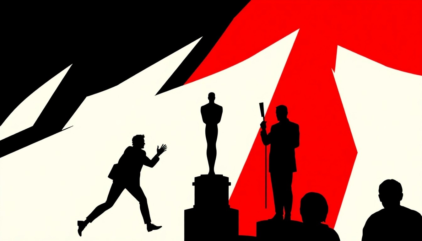 A striking abstract composition featuring bold, jagged geometric shapes in high-contrast red and white, conceptually representing the unpredictable and tension-filled nature of the 2026 Oscars ceremony.