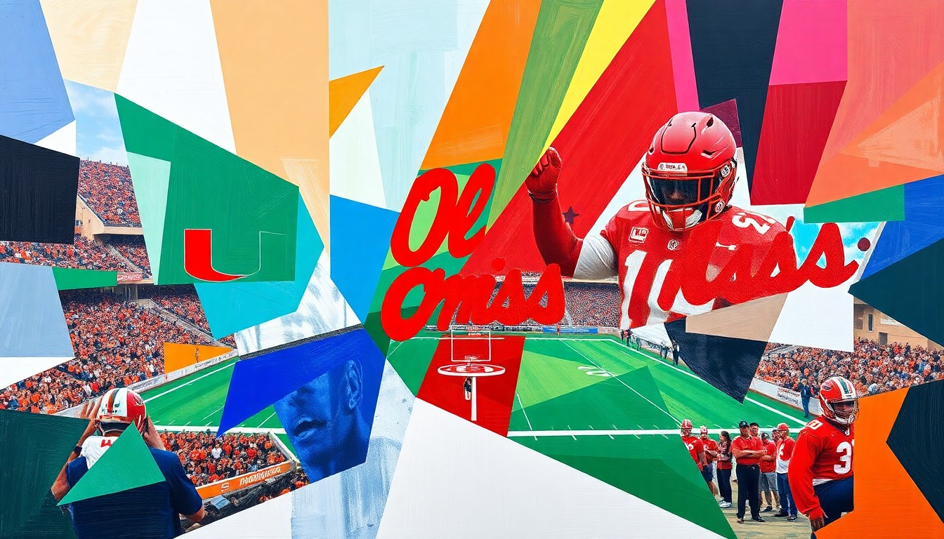 A fragmented, geometric painting depicting the action and energy of a college football game, with sharp planes of color representing the Miami Hurricanes and Ole Miss Rebels.