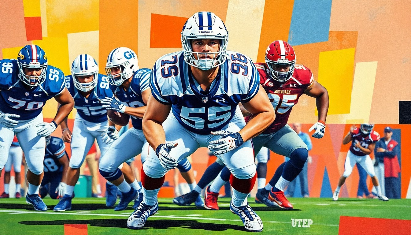 A cubist, geometric painting depicting an offensive lineman in action, with sharp, overlapping planes of blue, white, and orange representing the Kentucky Wildcats and UTEP Miners colors, conceptually illustrating the dynamic nature of the player's movement and the impact he could have on the team.