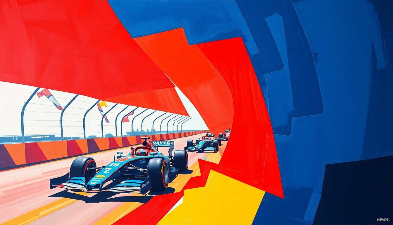 A cubist, geometric painting in vibrant colors depicting a fractured, multi-perspective scene of a Formula E race, conceptually representing the challenges faced by Andretti's second-seat drivers.