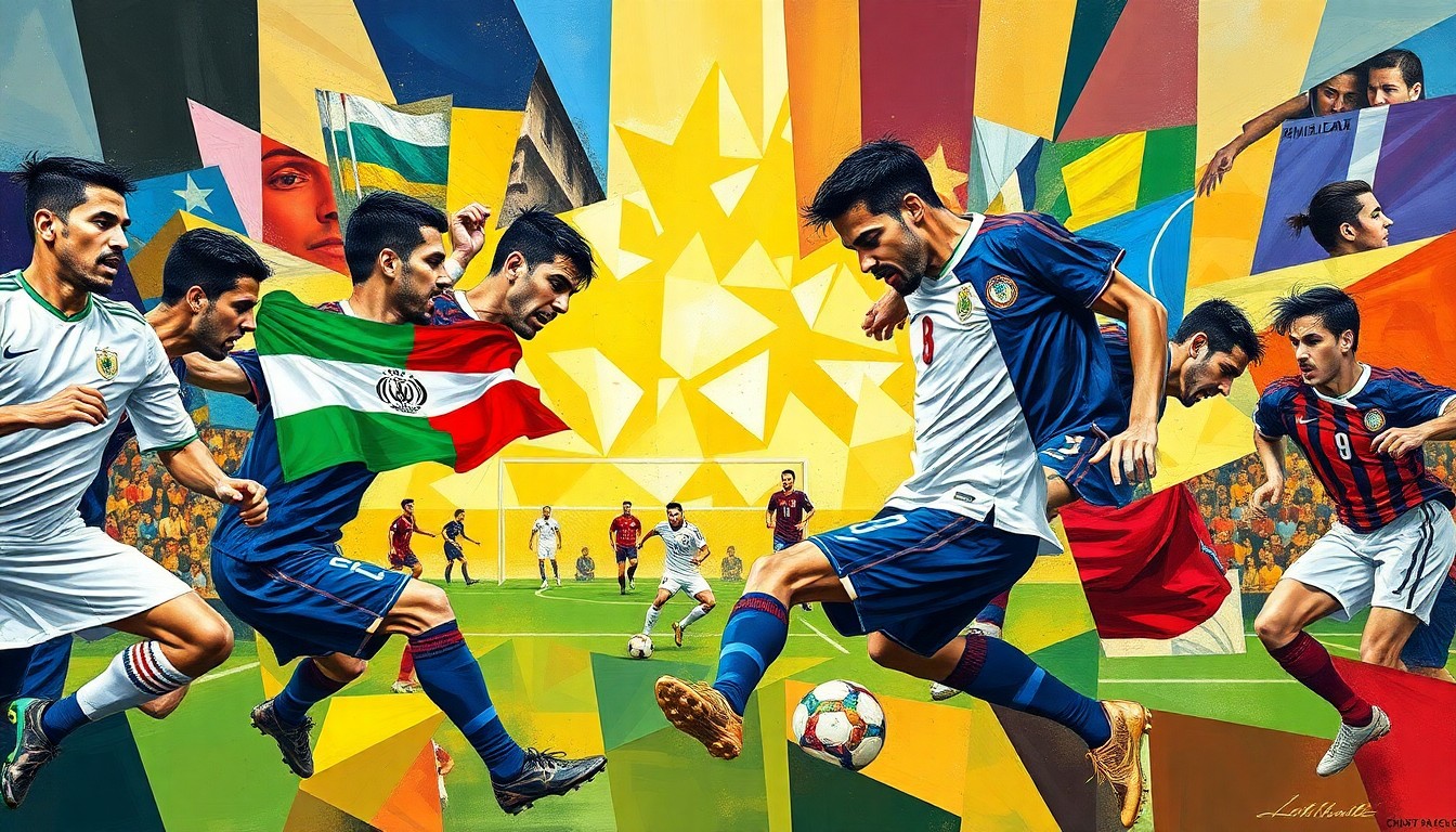 A cubist, geometric painting depicting a soccer match between two teams, with the players' faces and jerseys broken down into sharp, overlapping planes of color and shape, capturing the dynamic energy of the game.
