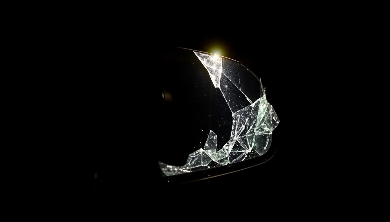 An extreme close-up photograph of a damaged car mirror or broken glass from the crime scene, lit by a harsh, direct camera flash against a pitch-black background, creating a stark, gritty, investigative aesthetic.