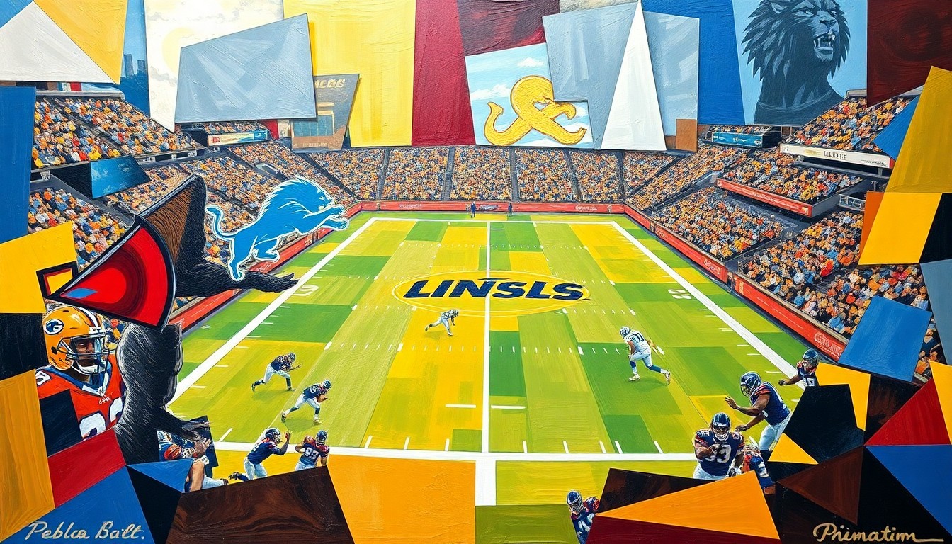 A fractured, cubist-style painting depicting a football game or match, with sharp, overlapping geometric planes in shades of blue, silver, burgundy, and gold, representing the Detroit Lions and Washington Commanders. The artwork captures the dynamic energy and strategic complexity of the proposed trade.