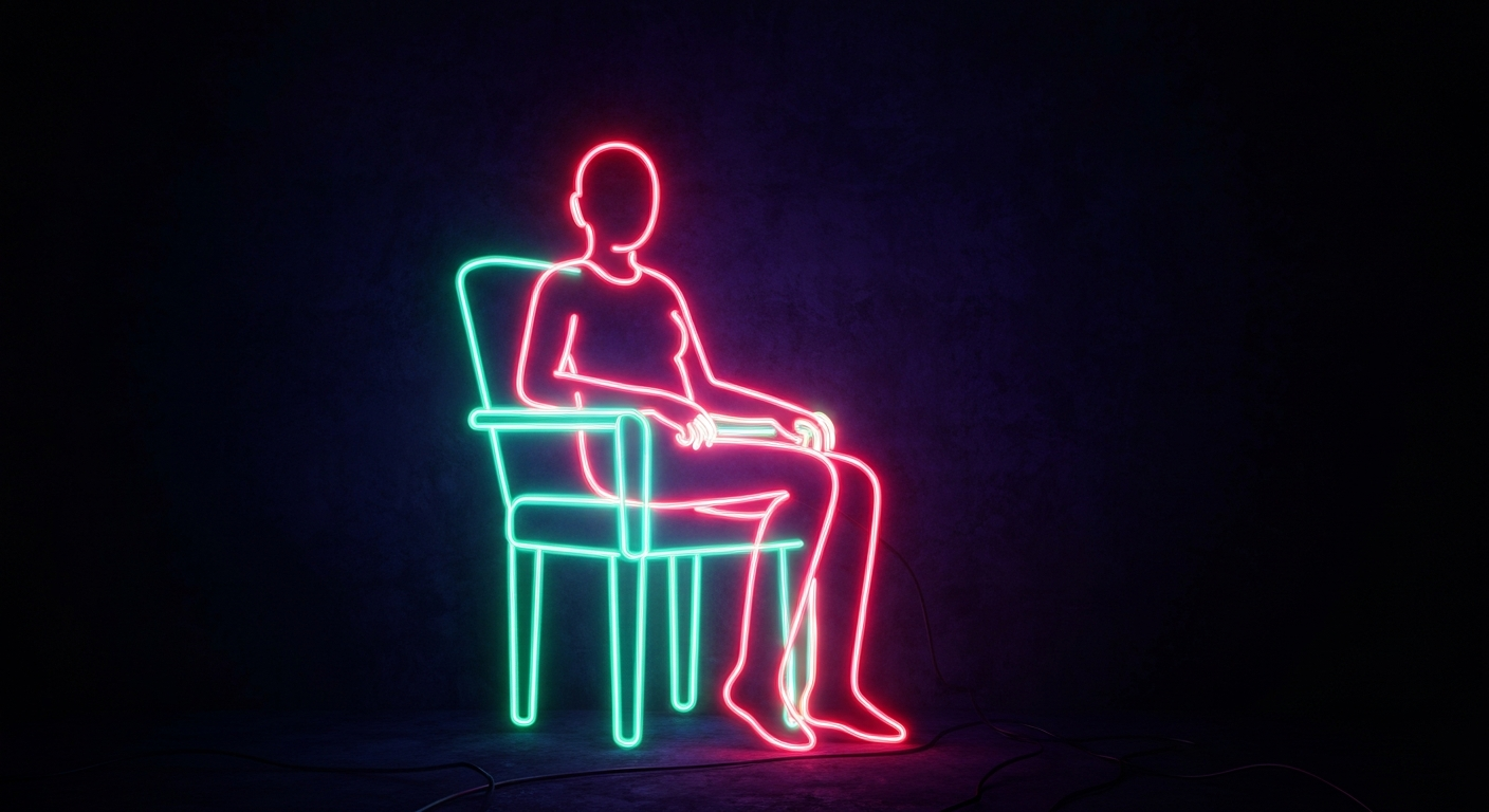 A glowing neon outline of a person sitting in a chair, representing the mental health support services provided by the day centers. The vibrant neon lines against a dark background convey the energy and importance of these community-based resources.