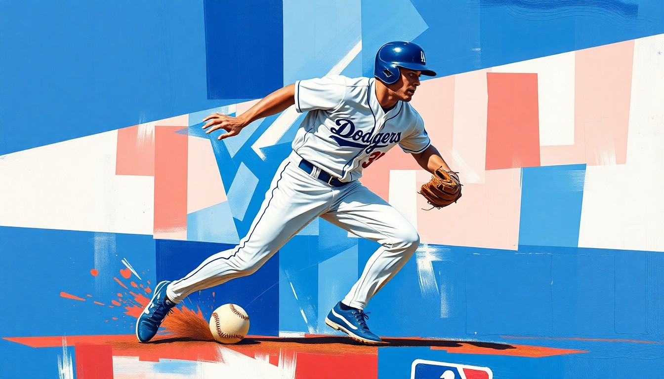 A fragmented, geometric painting depicting a baseball player sliding into a base, with sharp planes of Dodger blue, white, and red creating a dynamic, multi-angled composition that captures the kinetic energy of the stolen base.