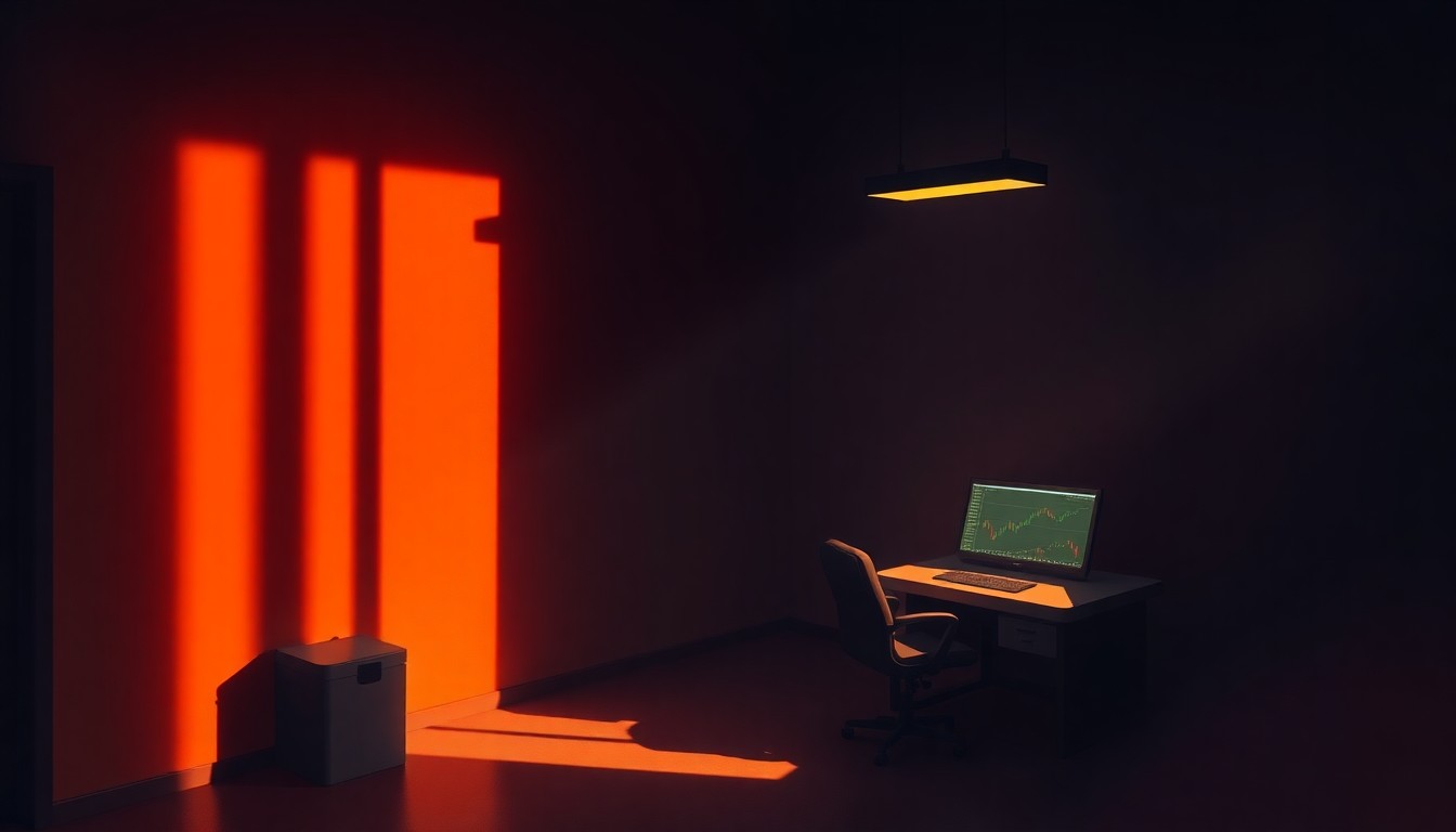 A dimly lit, cinematic painting of a solitary digital trading terminal, with warm sunlight streaming in through a window and deep shadows enveloping the scene, conveying a sense of contemplation and uncertainty surrounding the future of the digital asset market.