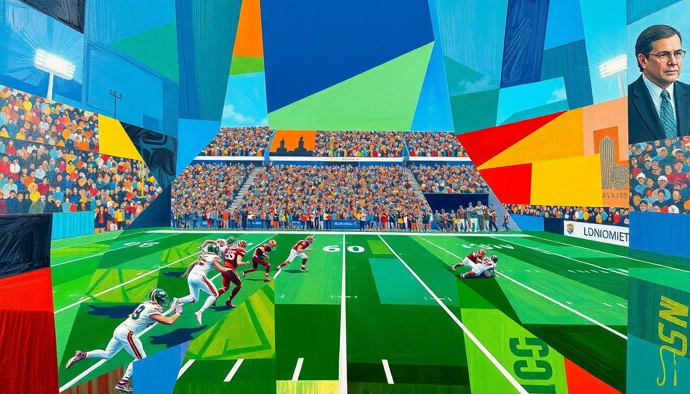 A fractured, multi-perspective painting featuring abstract geometric shapes and planes of vibrant colors, conceptually representing the strategic complexities and evolving dynamics of college football.