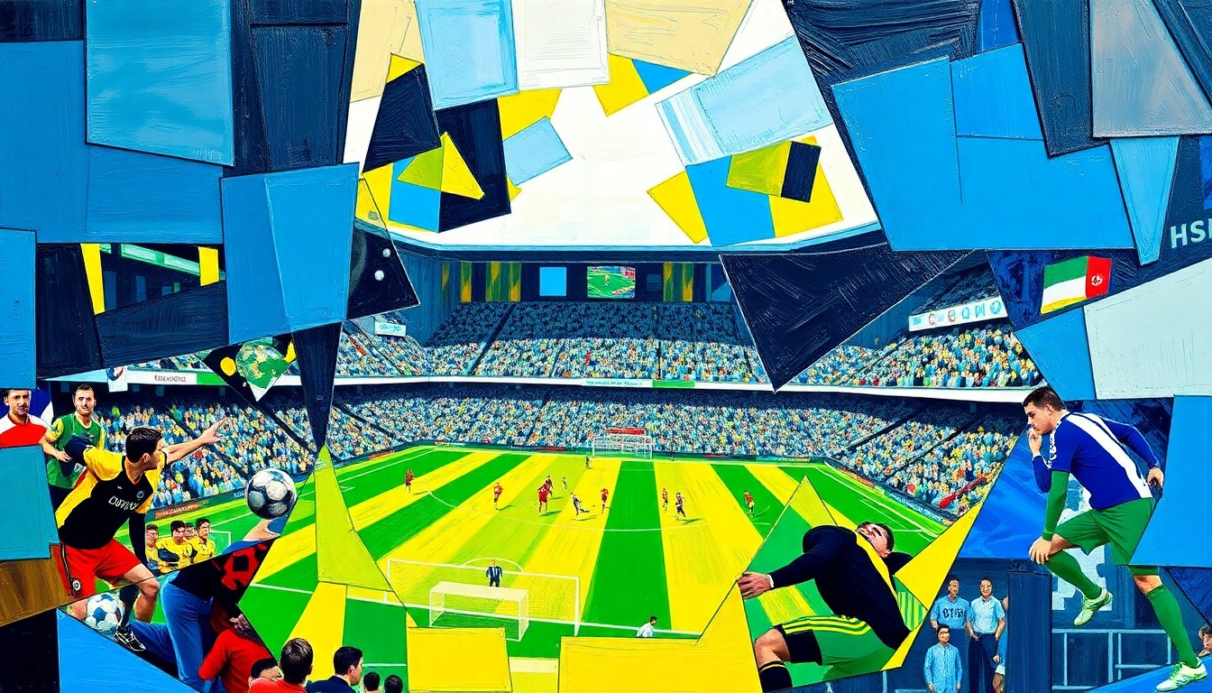 A fragmented, geometric painting depicting the dynamic interplay of football teams, with sharp planes of color representing the energy and unpredictability of the upcoming matches.