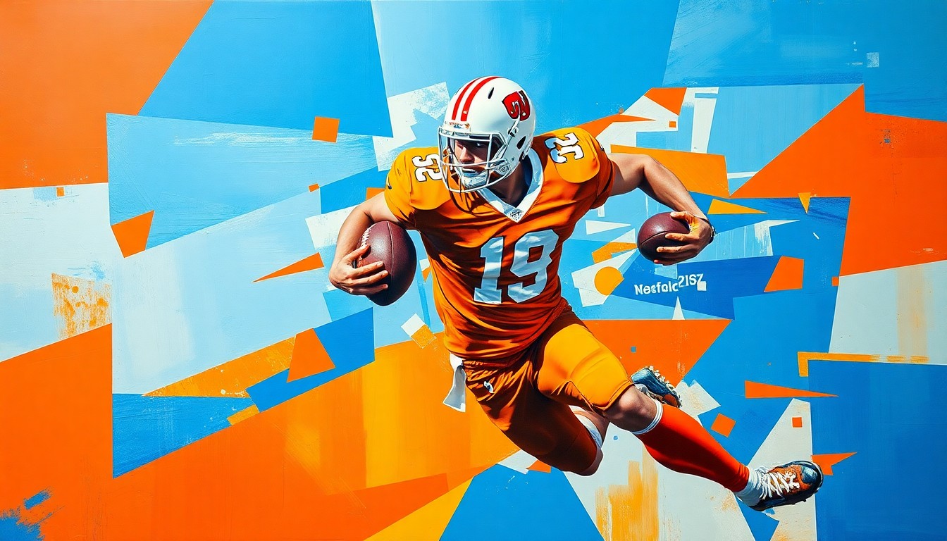 A cubist-style painting featuring sharp, overlapping geometric planes in shades of orange and blue, abstractly depicting the motion and energy of a college football player in action.
