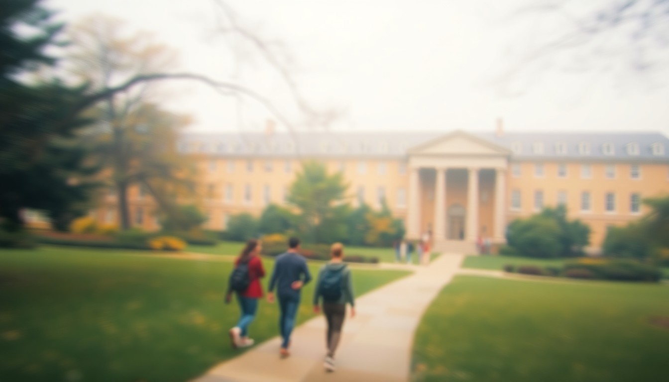 An extremely abstracted, out-of-focus photograph shot through condensation or rain-streaked glass, depicting a blurred, dreamlike scene of a university campus with students walking through a lush, green landscape, the buildings and pathways fading into soft pools of warm, muted colors.
