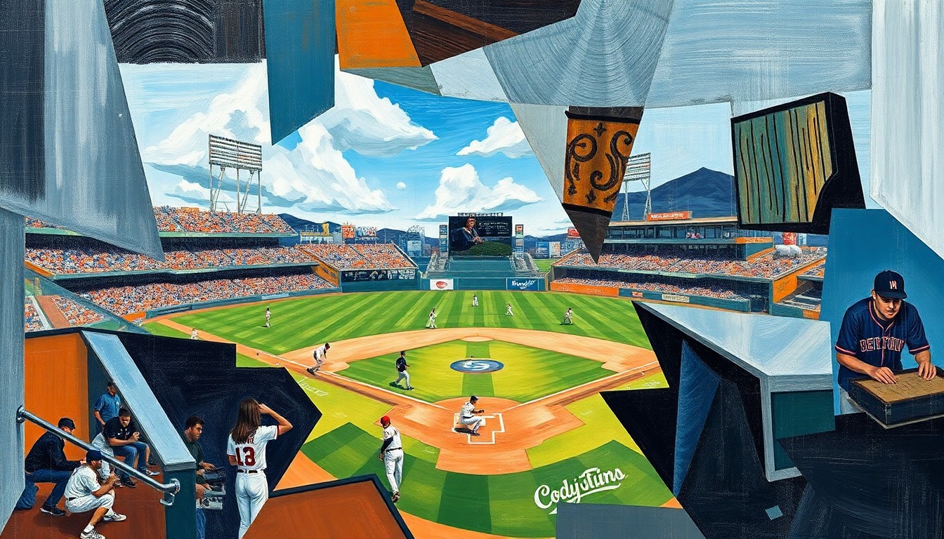 A cubist-style painting depicting a baseball outfield scene, with the players and field elements broken down into abstract geometric shapes and planes of color, capturing the dynamic energy of the game.