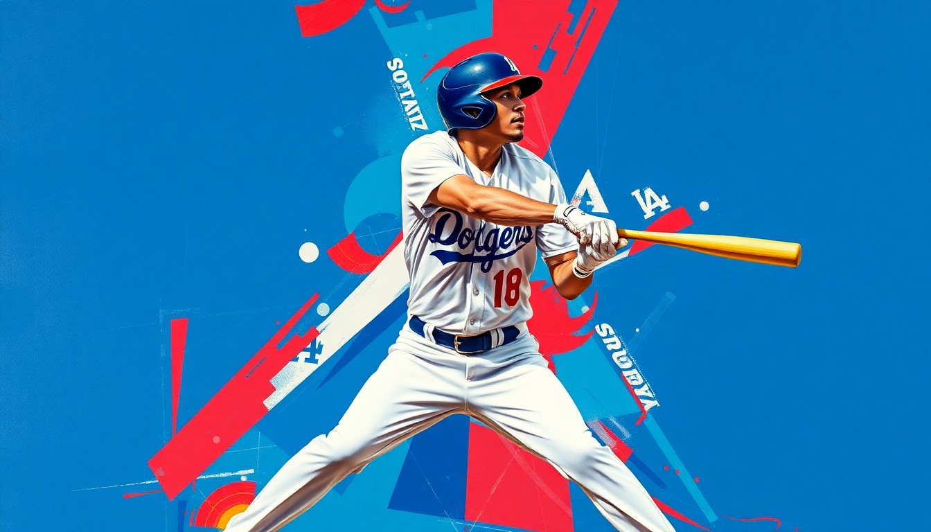 A cubist-style painting depicting Shohei Ohtani's batting stance and swing broken down into sharp, overlapping geometric shapes in a vibrant color palette, conceptually representing the multifaceted nature of his hitting prowess.