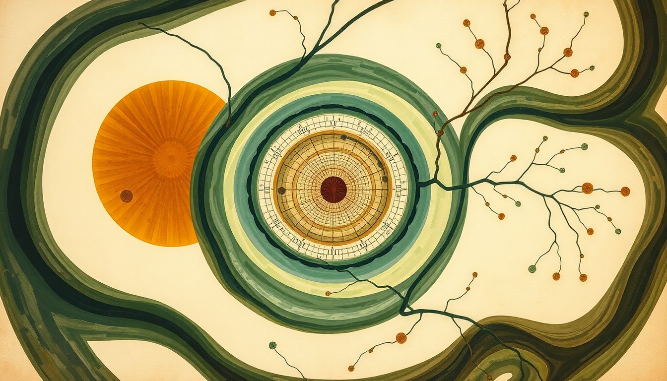 A highly structured abstract painting in muted earth tones, featuring sweeping geometric arcs, concentric circles, and precise botanical spirals, conceptually representing the intricate molecular mechanisms behind Rett syndrome's impact on the brain's vascular system.