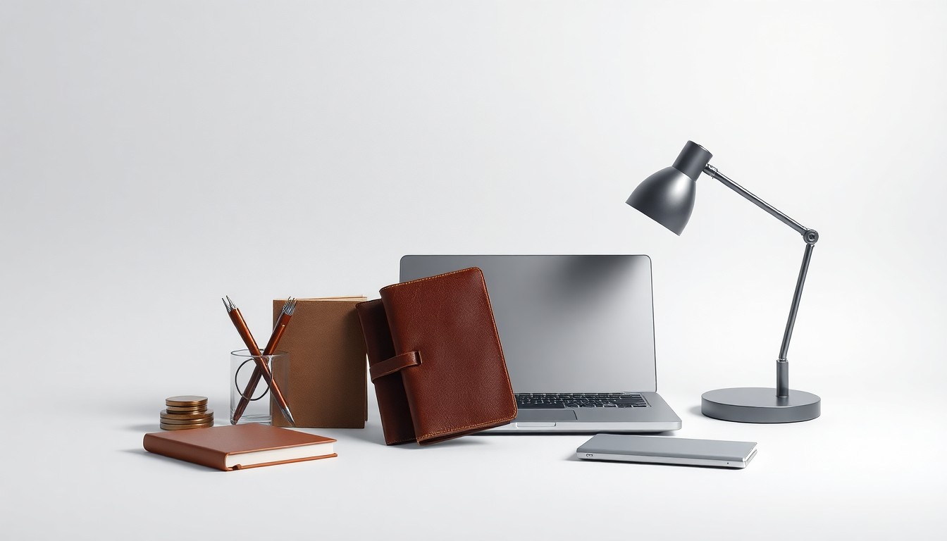 A minimalist studio still life featuring a carefully arranged composition of premium business-related objects, including a leather-bound planner, a sleek laptop, and a modern desk lamp, all set against a clean, monochromatic background, conceptually representing the abstract ideas of corporate strategy, finance, and growth.