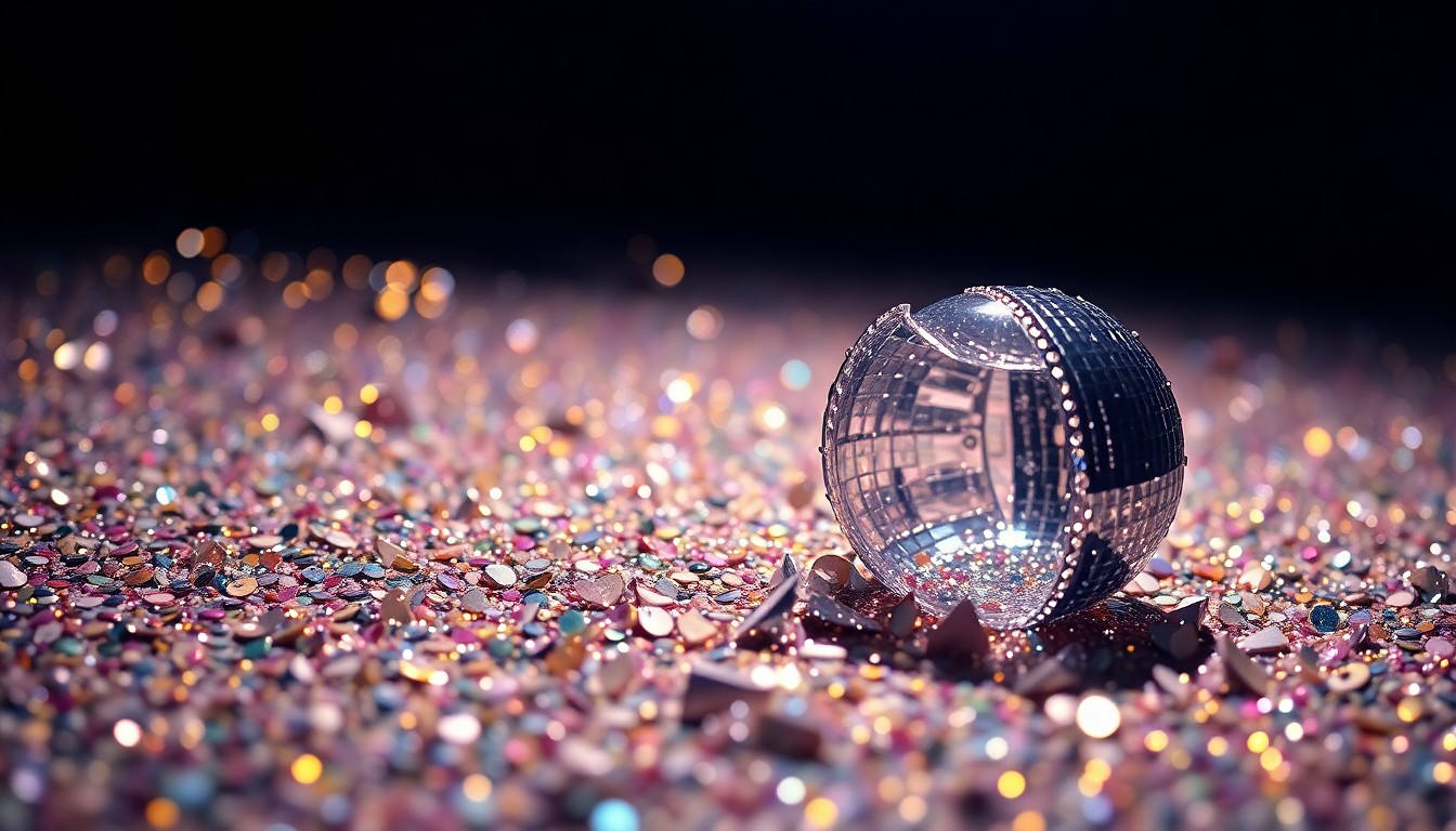 An extreme close-up of shimmering sequins and shattered glass, reflecting dramatic studio lighting and capturing the glamorous, high-fashion aesthetic of Prada Mode's upcoming event.