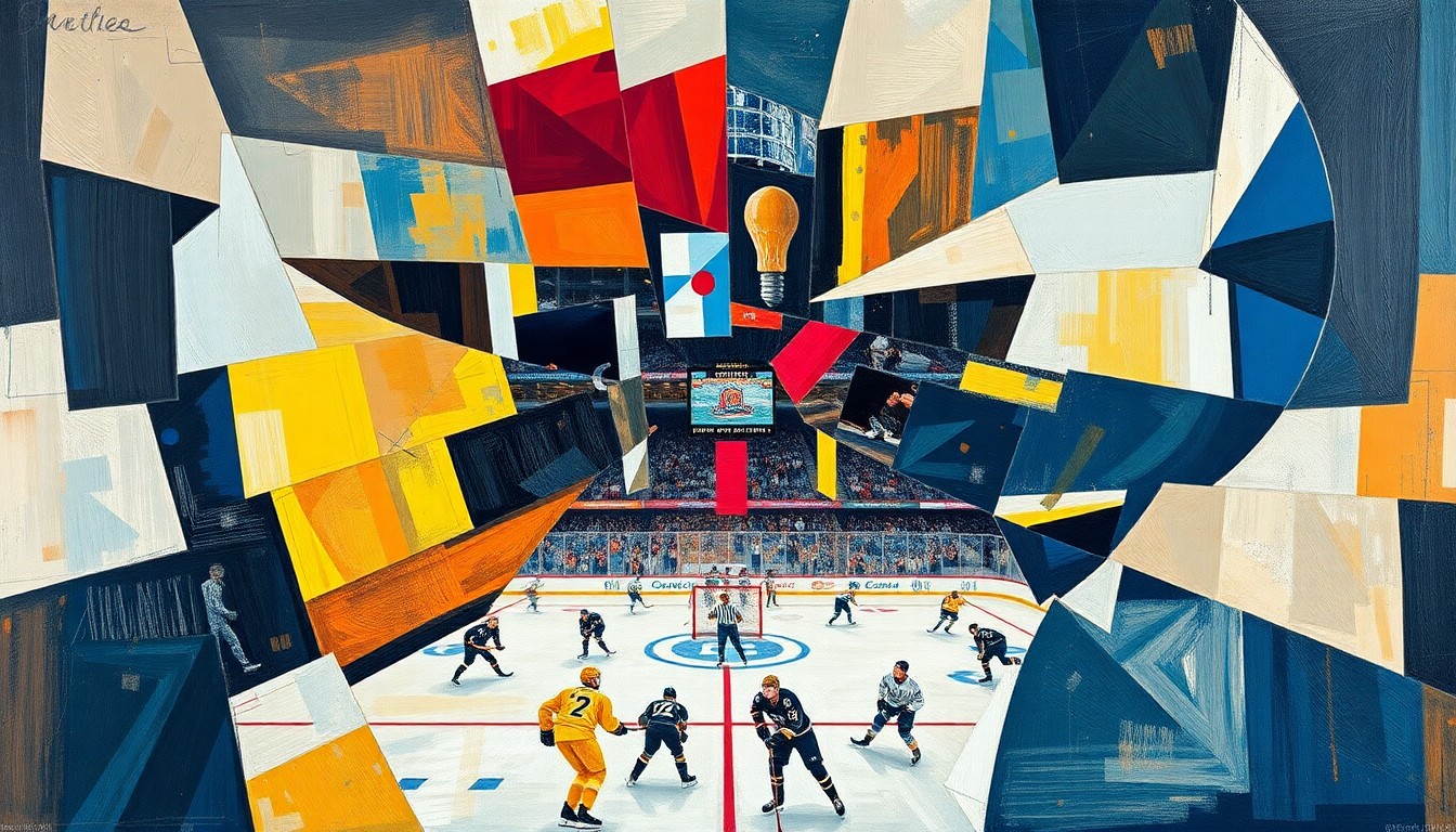 A cubist, geometric painting depicting a college hockey championship game, with the players and action broken down into sharp, overlapping planes of color and shape.