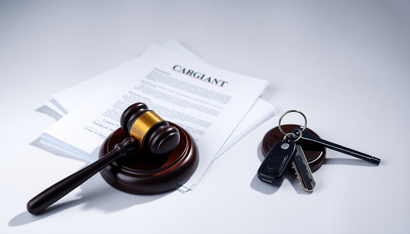 A photorealistic studio still life featuring a stack of legal documents, a gavel, and a set of car keys arranged on a clean white background, conceptually representing the wide range of civil lawsuits filed in Palm Beach County.