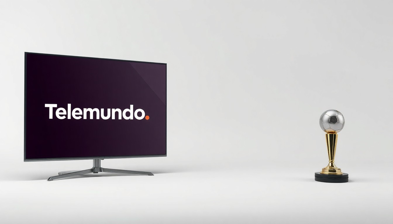 A minimalist, high-end studio photograph featuring a modern television set with the Telemundo logo and a sports trophy, symbolizing Gray Television's dual focus on Spanish-language content and sports programming.