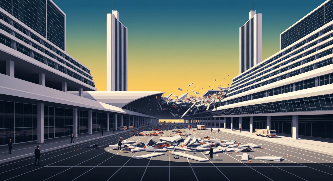 A highly stylized, geometric illustration depicting the grand scale of LaGuardia Airport's architecture, with a sense of tension and tragedy conveyed through the sweeping, airbrushed gradients and streamlined forms, capturing the emotional impact of the deadly collision without any literal depiction of the event.