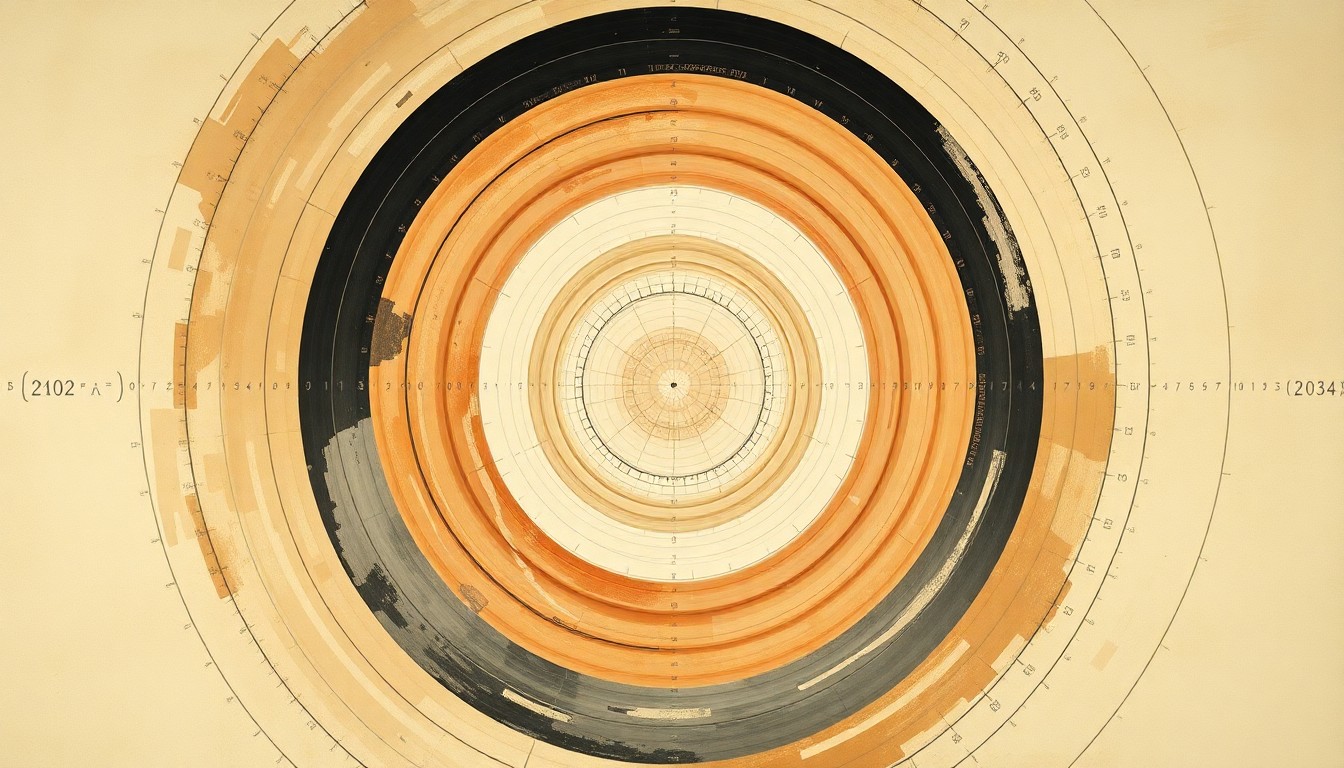 A bold, abstract painting featuring sweeping geometric arcs, concentric circles, and precise spirals in earthy tones, representing the complex algorithms and mathematical concepts that powered the Apollo 11 mission to the Moon.