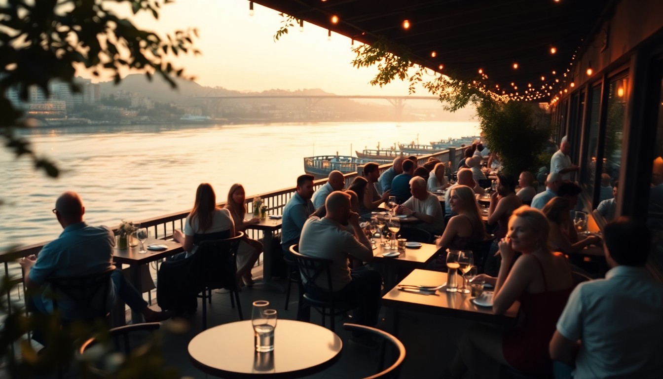 An extremely abstracted, out-of-focus photograph of people dining and socializing on a riverside patio, with warm pools of light and color reflecting on the water, conceptually representing the relaxed and scenic atmosphere of Huck Finn's seasonal restaurant.