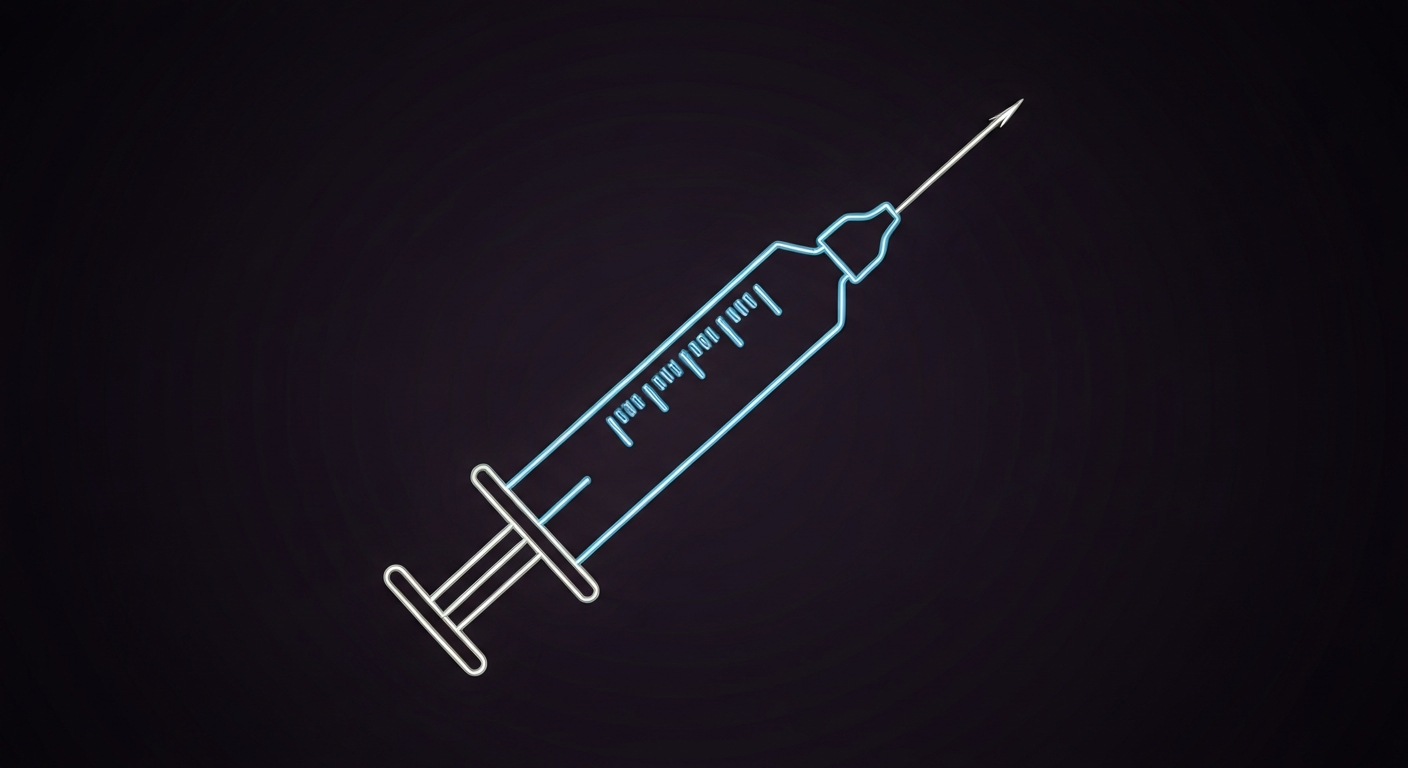 A minimalist design in the style of Keith Haring, where the outline of a syringe or vaccine vial is defined entirely by vibrant neon lines against a dark background, conceptually representing the public health outreach effort.