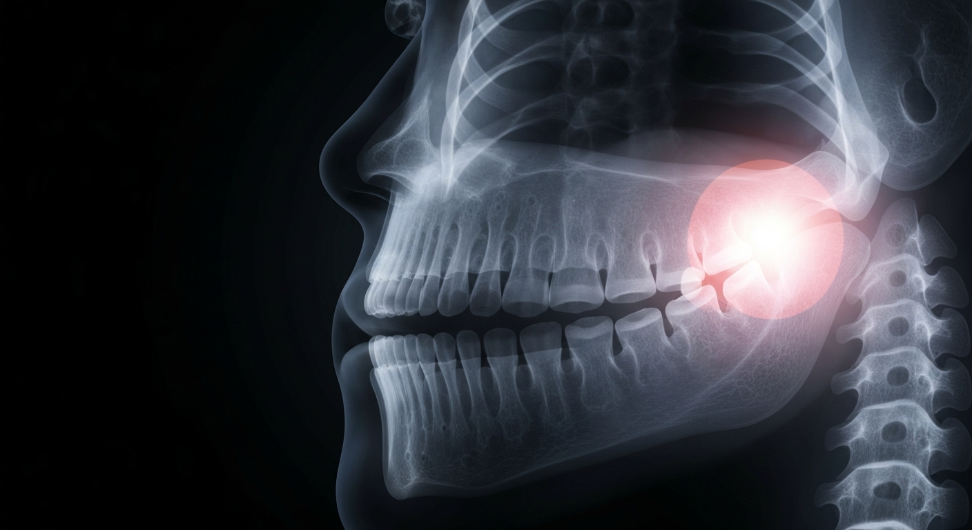A translucent X-ray image of a human jaw, with the intricate bone structure and potential areas of concern visible as glowing, ghostly lines against a dark background, conveying the medical mystery at the heart of this story.
