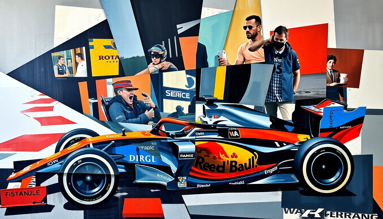 A cubist-style painting depicting a fragmented, multi-angled view of a Formula 1 race, with the various components and perspectives of the power unit rules discussions represented through the geometric, overlapping planes of color and form.