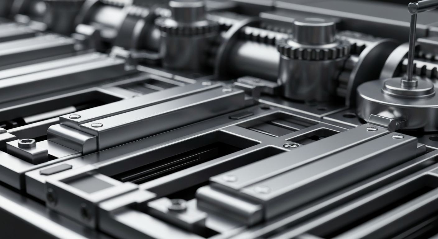 A close-up, cinematic view of heavy, polished banking machinery and mechanisms, such as gears, levers, and electronic components, all in shades of silver, steel, and chrome, conceptually representing the complex financial infrastructure that underpins the lottery system.