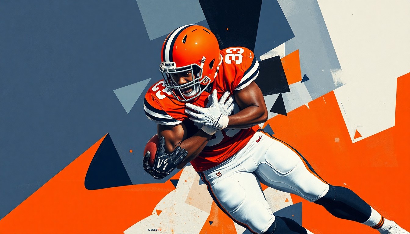 A fragmented, geometric painting depicting a football player in motion, with sharp planes of orange, navy, and white representing the dynamic action of the sport.