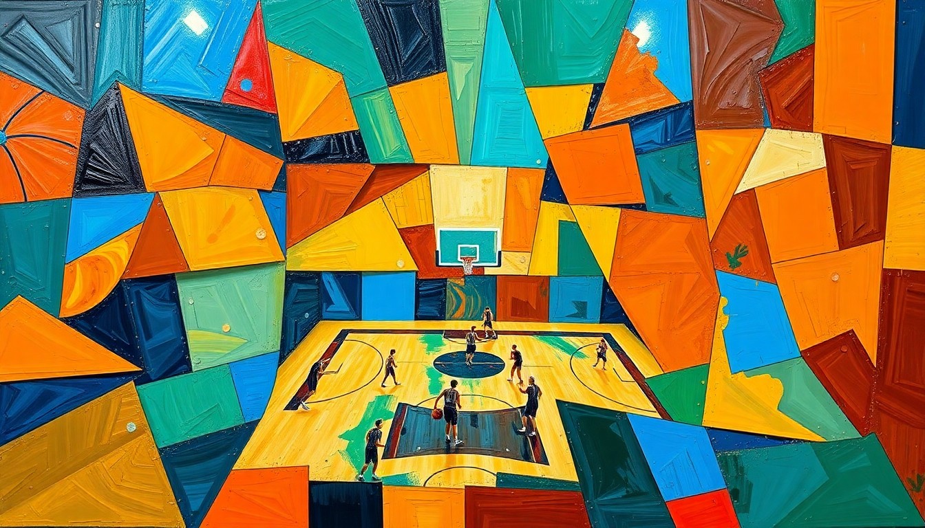 A cubist, geometric painting depicting the dynamic action of a high school basketball game, with players and the court fragmented into sharp, overlapping shapes in a vibrant color palette.