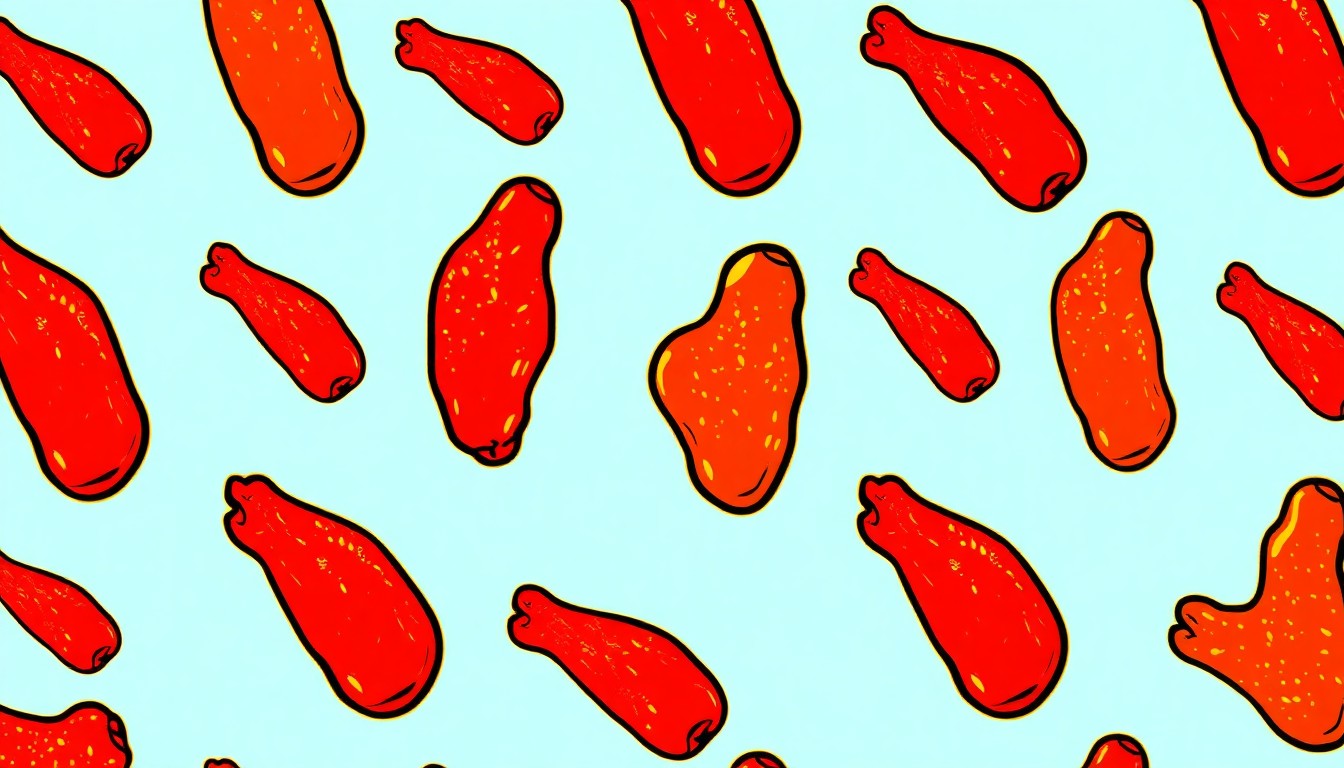 A highly stylized, pop art-inspired illustration featuring a repeating grid of colorful, saucy chicken wings in various Asian-inspired flavors, capturing the essence of the new Dr. Wings food truck concept.