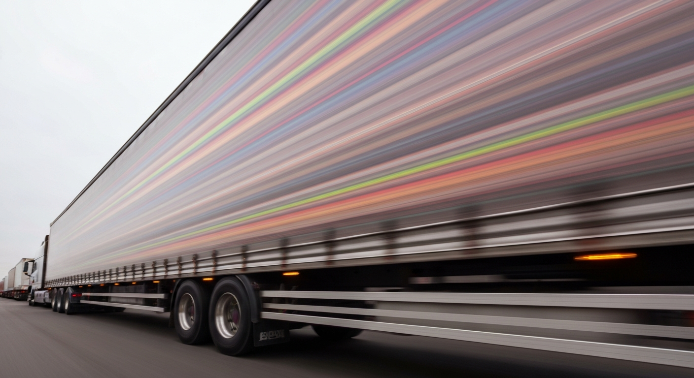 An abstract, colorful blur of a large commercial truck, conveying the speed and intensity of freight transport on the open road.