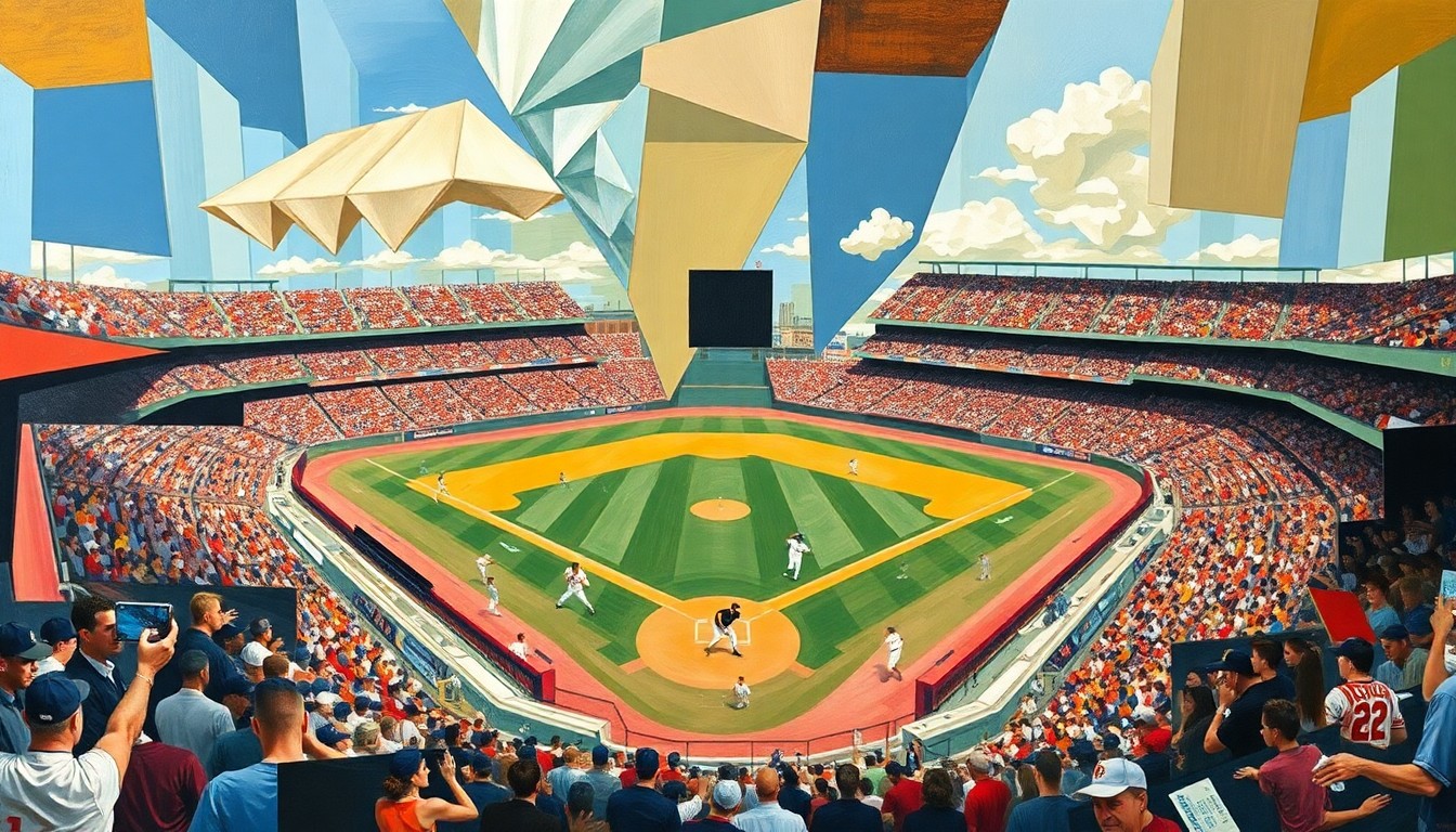 A fragmented, cubist-style painting depicting a baseball stadium scene, with the players, field, and architecture broken down into sharp, overlapping geometric shapes and planes, conveying a sense of dynamic movement and energy.