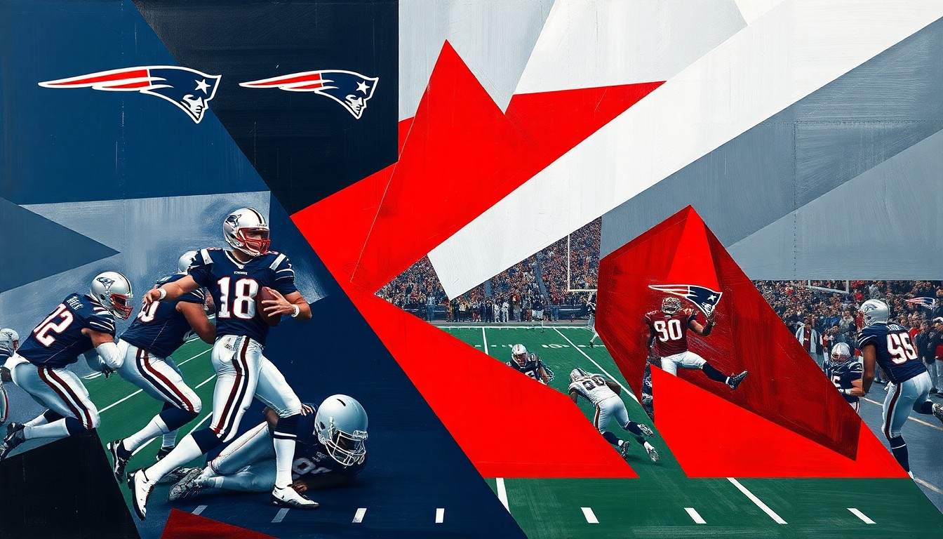 A fragmented, geometric painting depicting a Patriots football game, with the players and field abstracted into sharp, overlapping planes of navy, red, and silver.