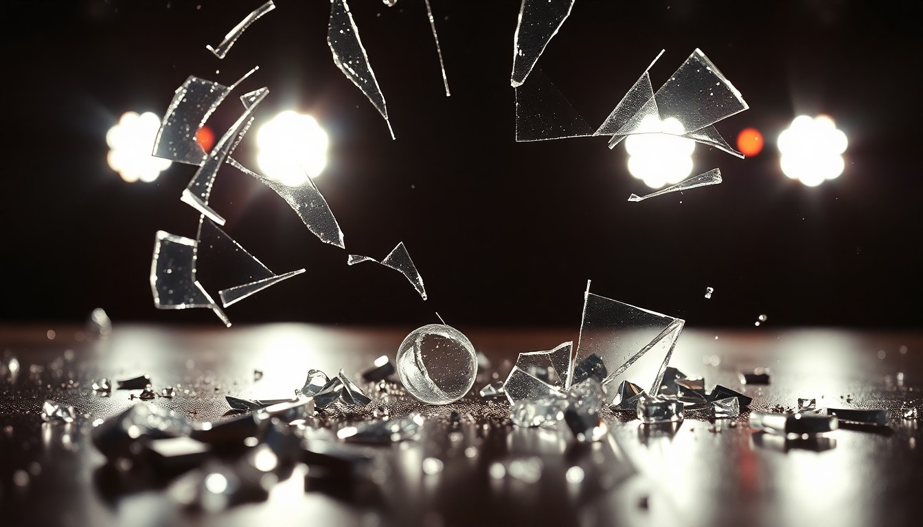 An extreme close-up photograph of shattered glass reflecting dramatic studio lighting, conceptually representing the tension and creative energy behind legendary musical collaborations.