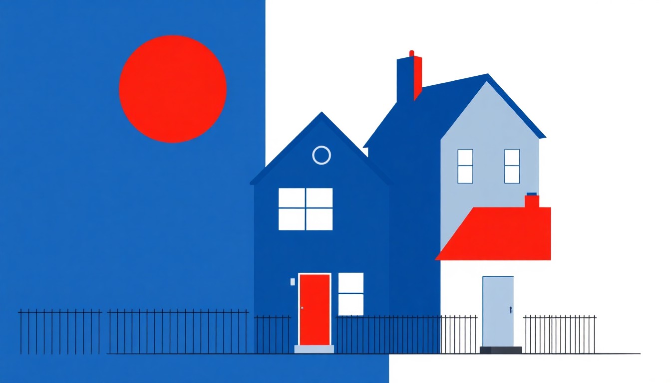 A vibrant abstract illustration featuring bold shapes in primary colors, conceptually representing the impact of international conflicts on local housing markets.