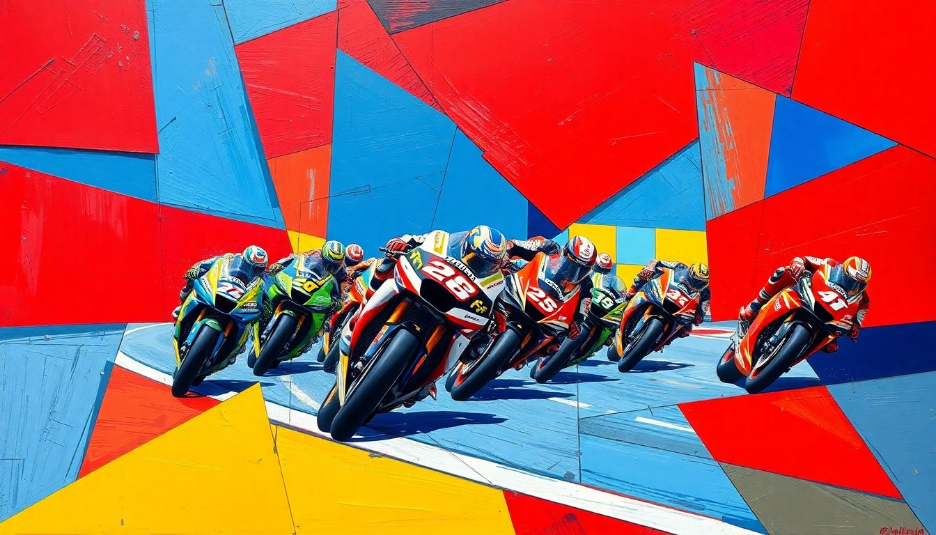 A fragmented, geometric painting depicting the chaotic motion and energy of a MotoGP race, with sharp planes of color and form representing the sport's drive for a more diverse and sustainable future.